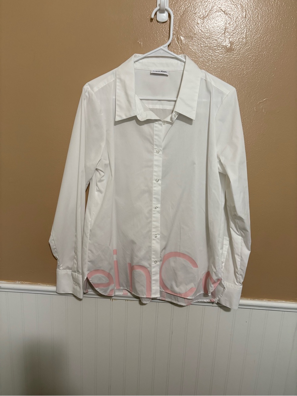 Calvin Klein Large White Button Down Top  Pink Writing on Bottom New